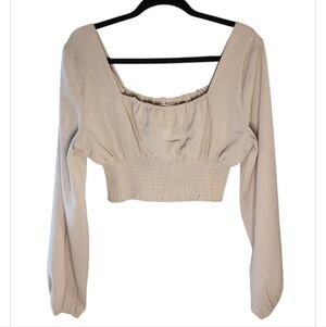 Romwe Beige Cropped Blouse Medium Square Neck Smocked Waist Long Sleeve Y2K Top